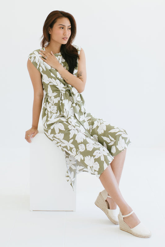 The Everyday Linen Dress - Olive Floral Print