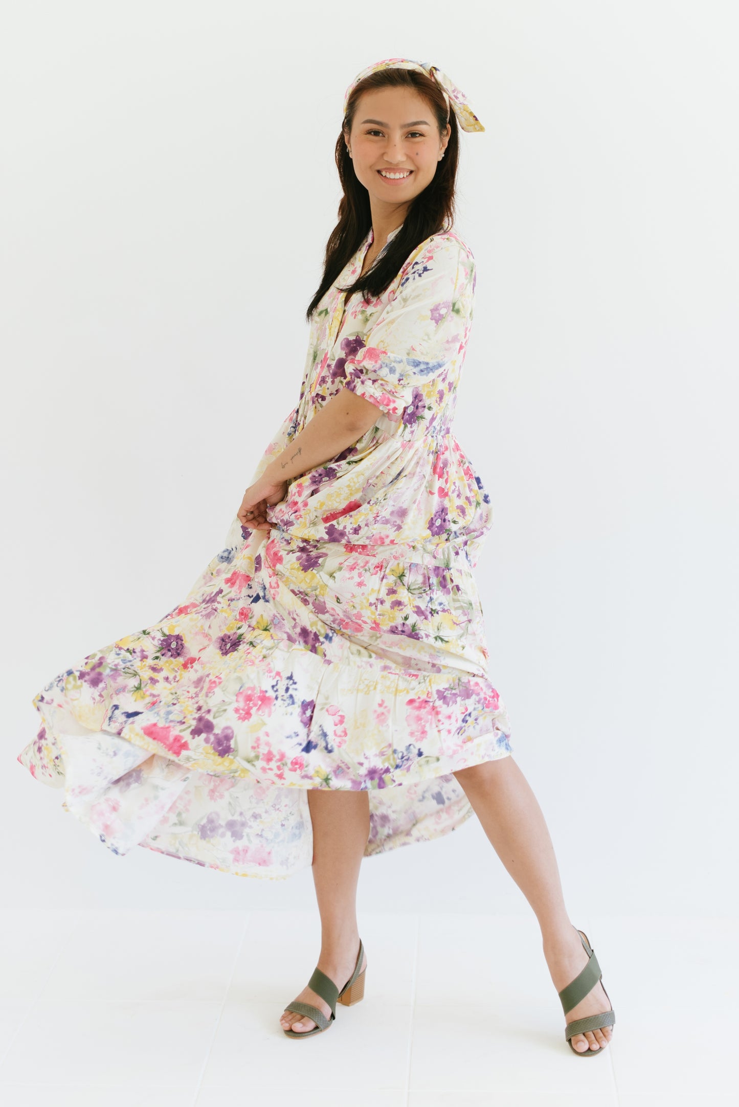 The Dahlia Tiered Dress - Watercolour Florals Print