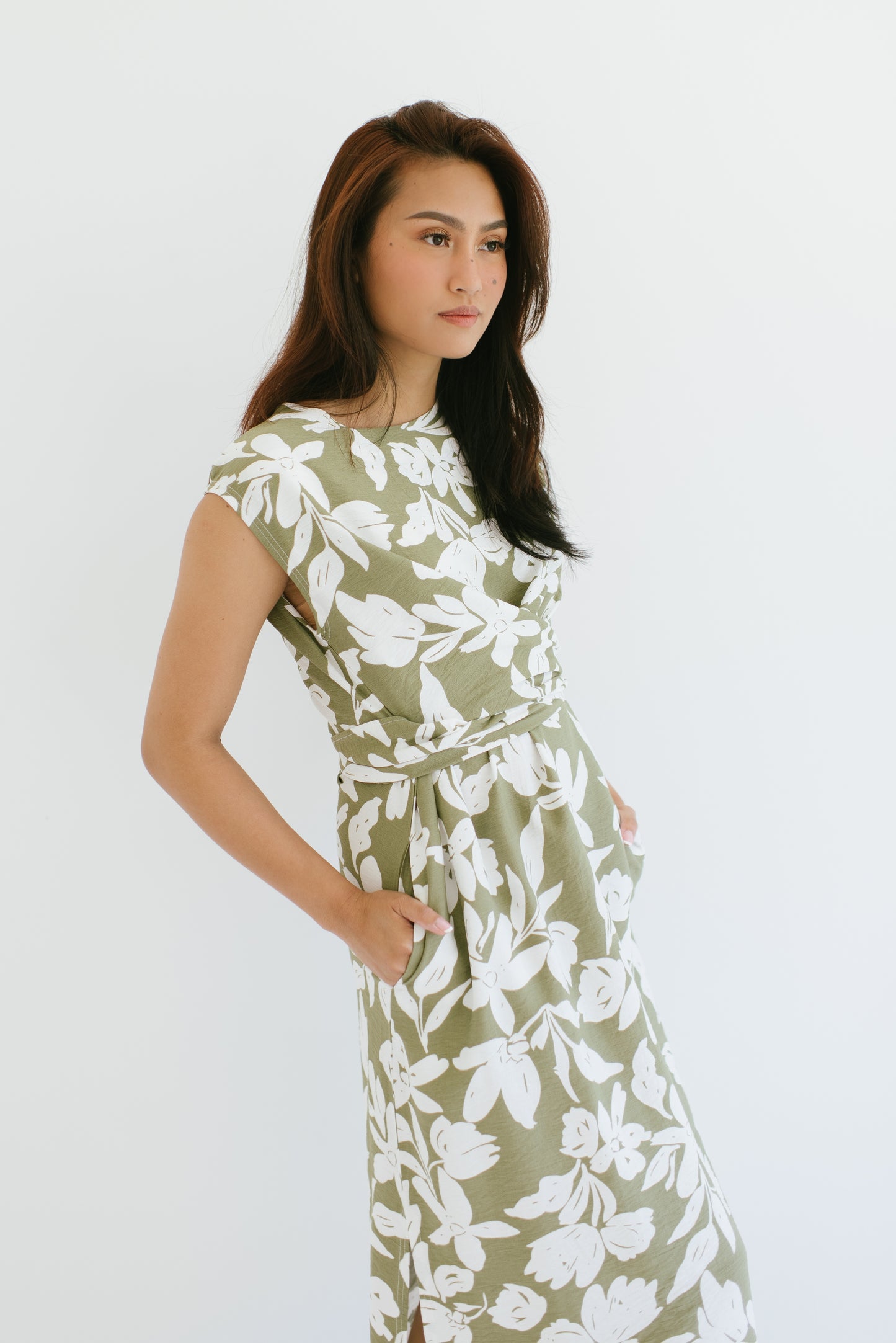 The Everyday Linen Dress - Olive Floral Print